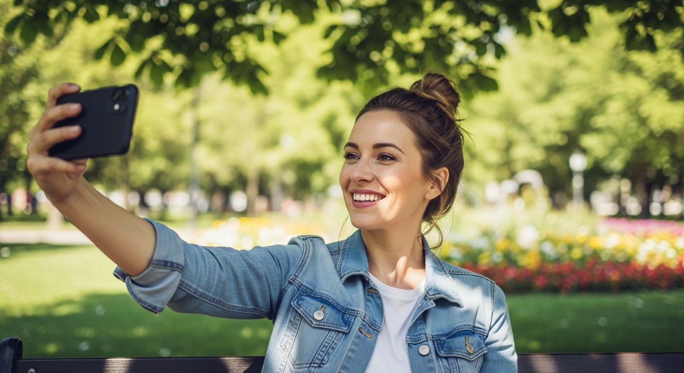 女性がスマホを持ち、自撮りをしている画像