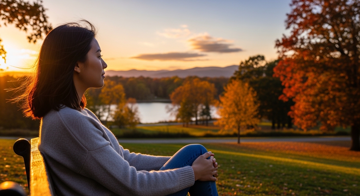 公園で女性が景色を眺めている横視点の画像