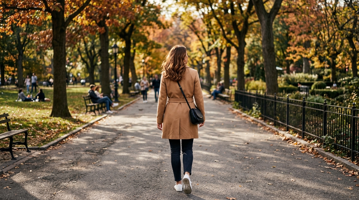 公園を散歩している後ろ姿の女性の画像