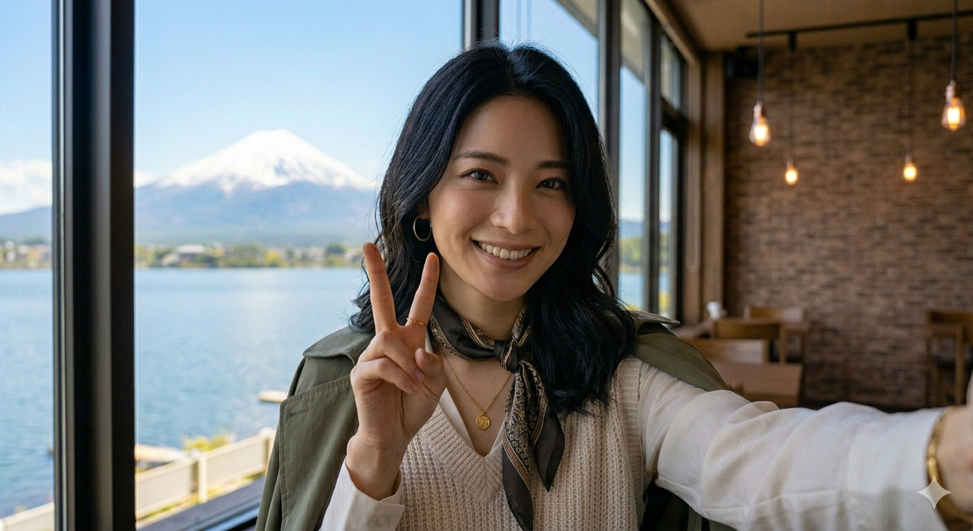 カフェテリアで女性が自撮りをしているスマホからの視点の画像