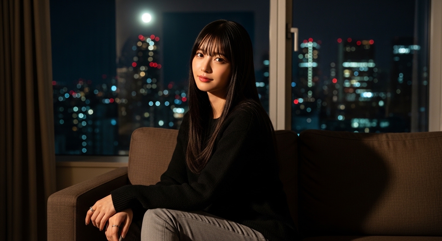 窓のそばに茶色いソファ、窓からみえる街の景色と優しい月明かり差し込んだ夜の写実的なリビングルームに座る女性の画像